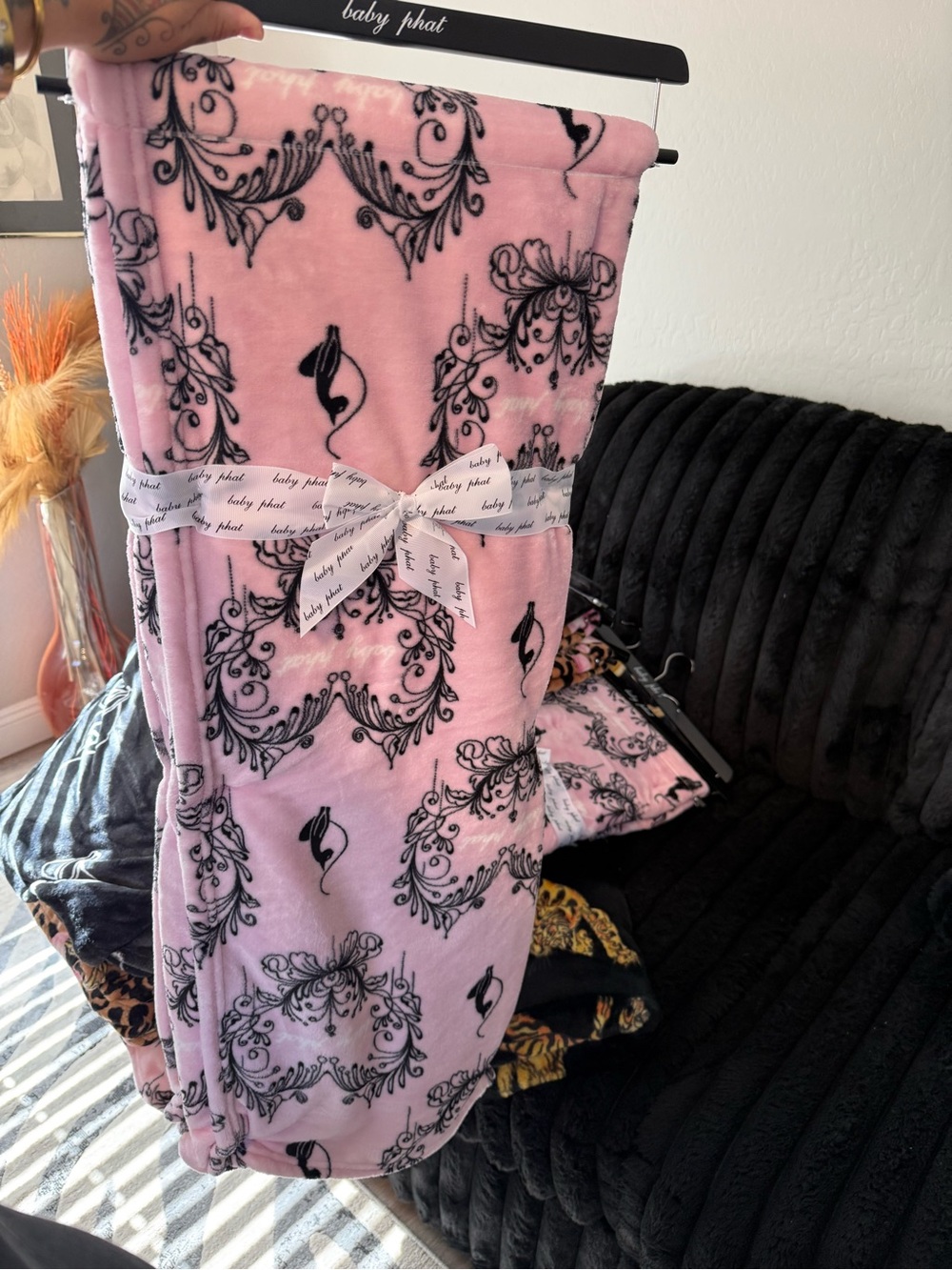 Baby Phat Pink and Black Plush Throw Blanket